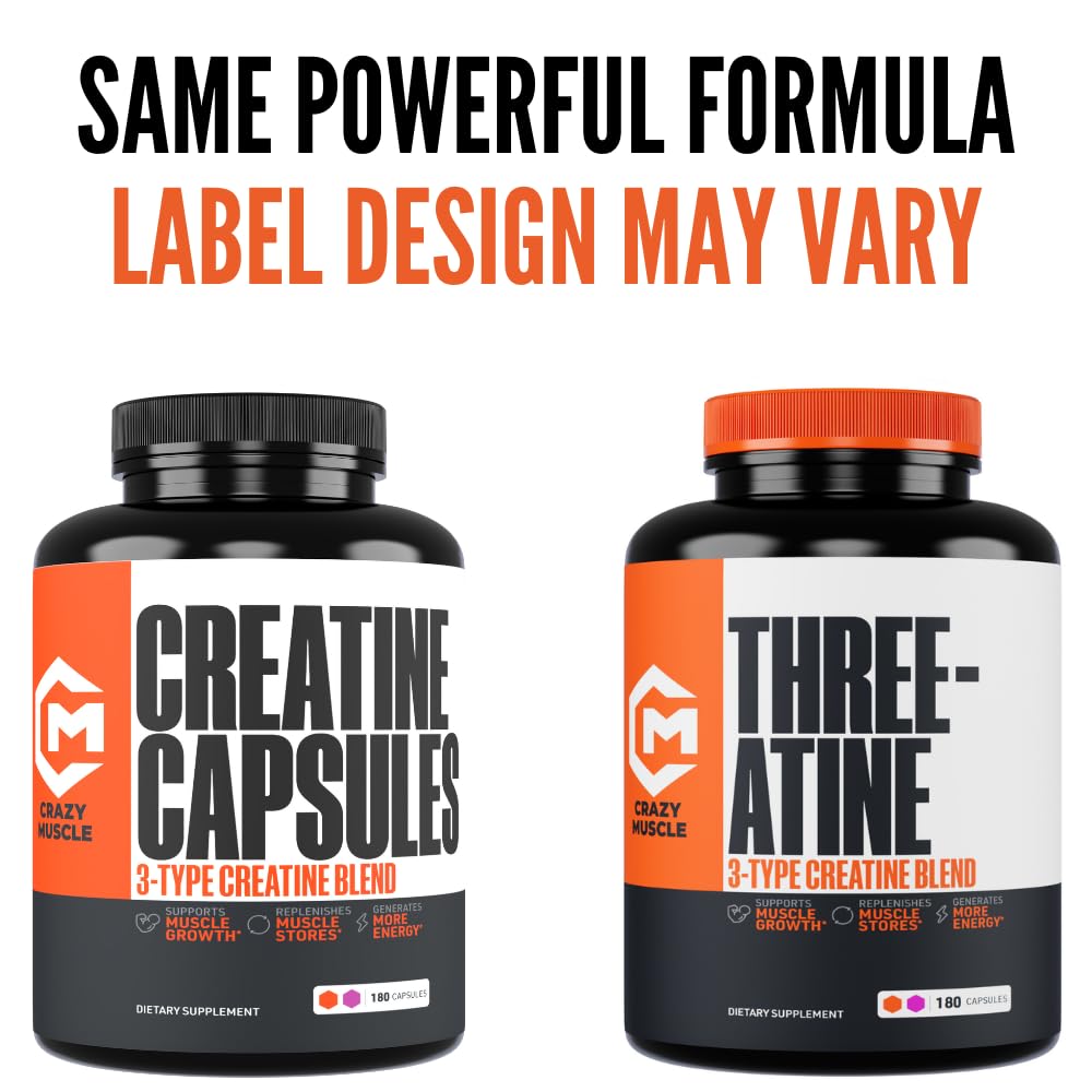 Creatine Capsules, 5g Premium 3X ThreeAtine Pre Workout Bulk Muscle Mass Gainer, High Absorption Easy to Take Creatine Monohydrate Pills Alternative Optimum Performance for Men Women, 180 Capsules Crazy Muscle buy supplements canada