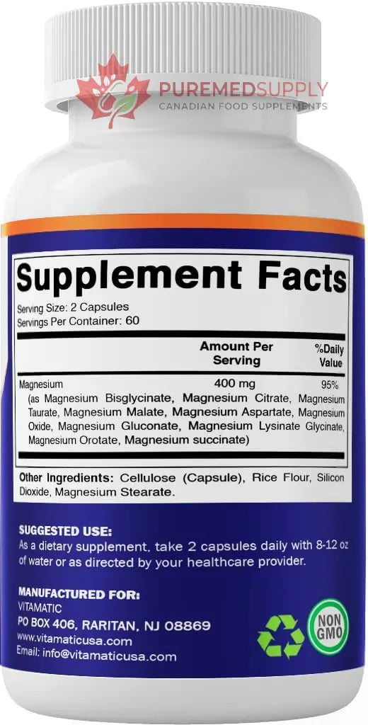 Vitamatic Magnesium Complex, 400mg Elemental MG (as Bisglycinate, Citrate, Taurate, Malate, Aspartate, Oxide, Gluconate, Lysinate Glycinate, Orotate, Succinate) – 120 Capsules Vitamatic buy supplements canada