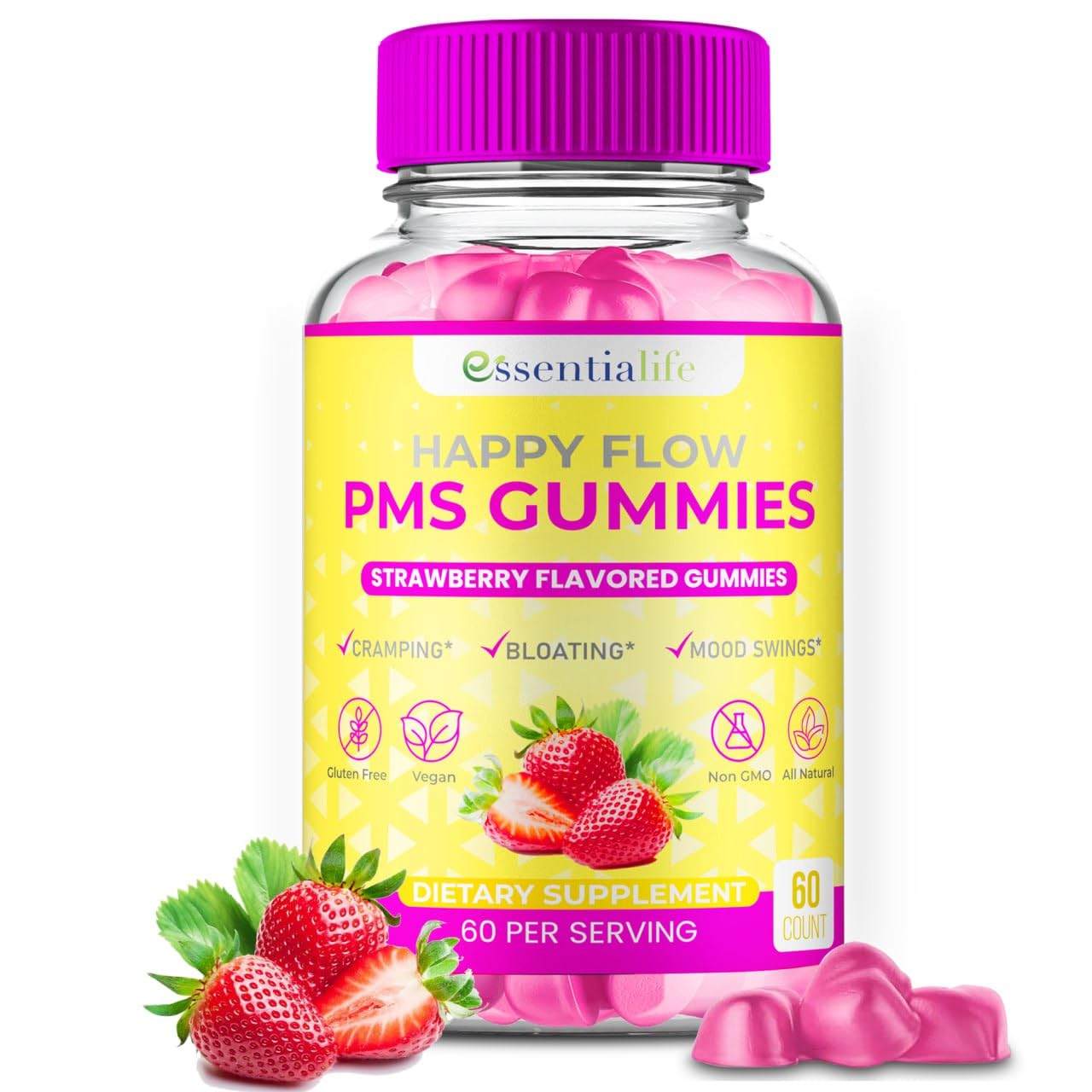 PMS Gummies - Happy Flow PMS Support Supplement for Women - Strawberry PMS Relief Supplement with Vitamin B6 for Hormone Balance, Period Support, Cramps, Hormonal Acne & Bloating Relief (60 Count) Essentialife buy supplements canada