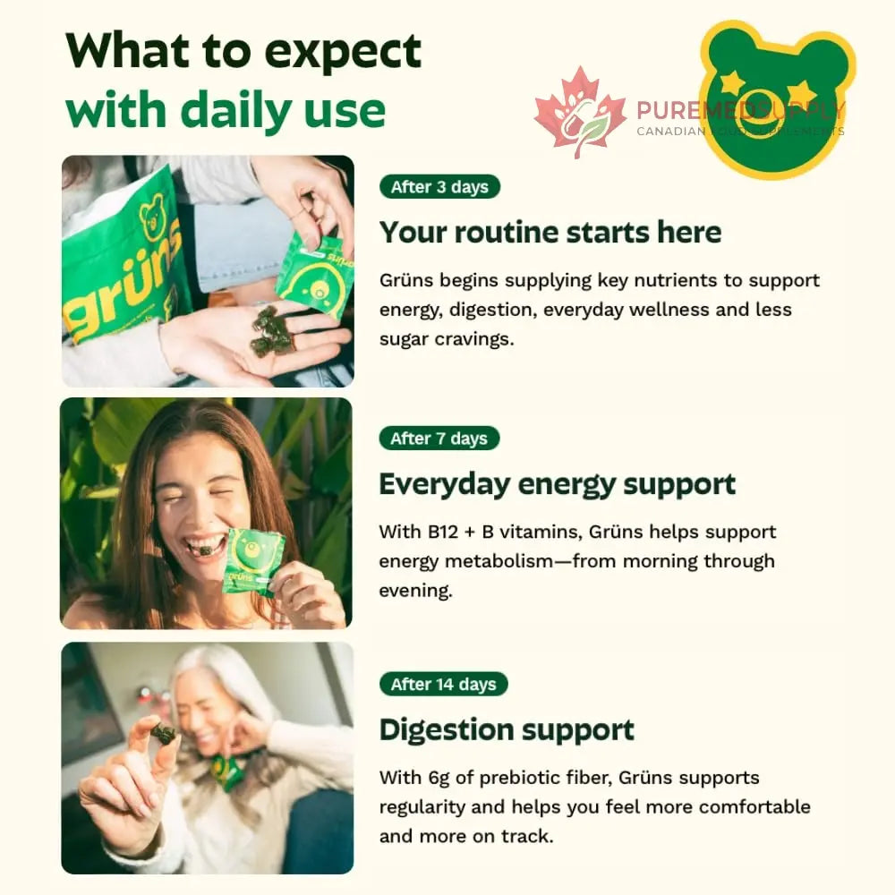 Gruns Sugar-Free Super Greens Gummies, Multivitamin Superfood Gummy Bears, Spirulina, Chlorella, Prebiotics & Fiber gummies for Digestive Health, Adaptogens Supplement, 20 Vitamins & Minerals, 10 pack Grüns buy supplements canada