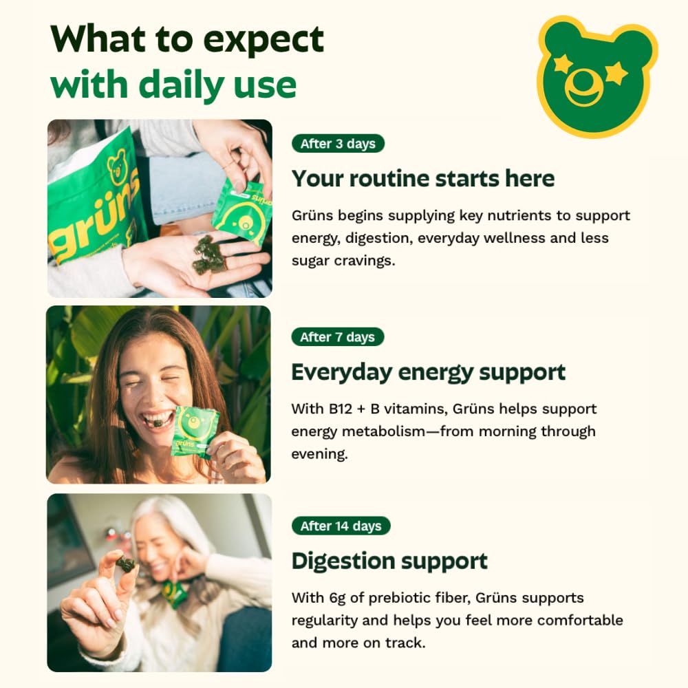 Gruns Adult Super Greens Multivitamin Gummies, Superfood Gummy Vitamins for Women and Men with Spirulina, Chlorella, Adaptogens & Prebiotic Fiber for Digestive Health (28 Count) Grüns buy supplements canada