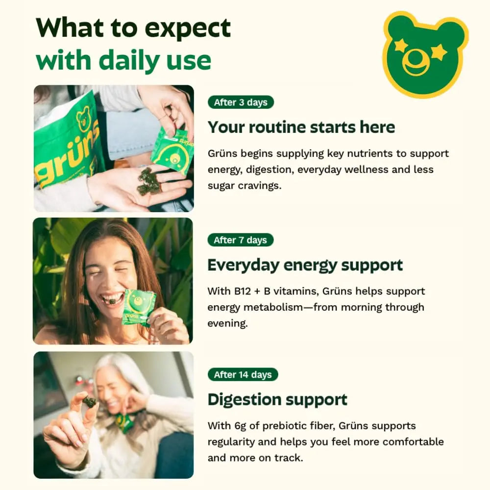 Gruns Adults Super Greens Multivitamin Gummies, Superfood Vitamin Gummy Bears with Spirulina, Chlorella, Prebiotic Fiber for Digestive Health Grüns buy supplements canada