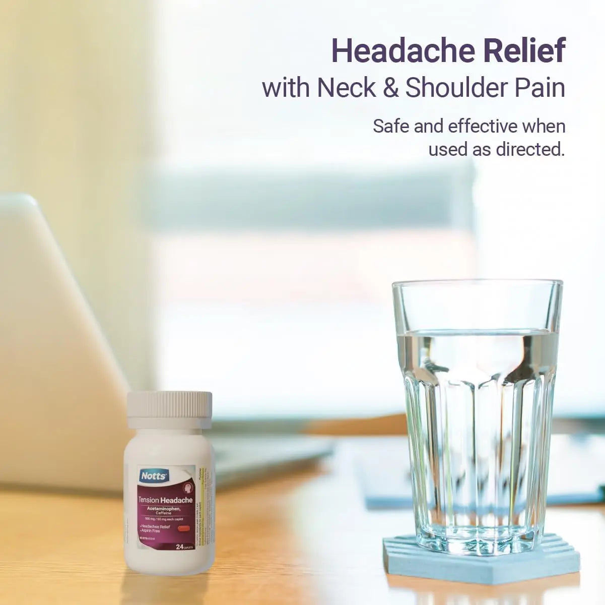NOTTS Tension Headache Relief Without Aspirin for Head, Neck & Shoulder Pain - 100 Count, Acetaminophen 500 mg Caffeine 65 mg Caplets, for Aches Caused by Tension and Stress. Headache Relief caplets NOTTS buy supplements canada