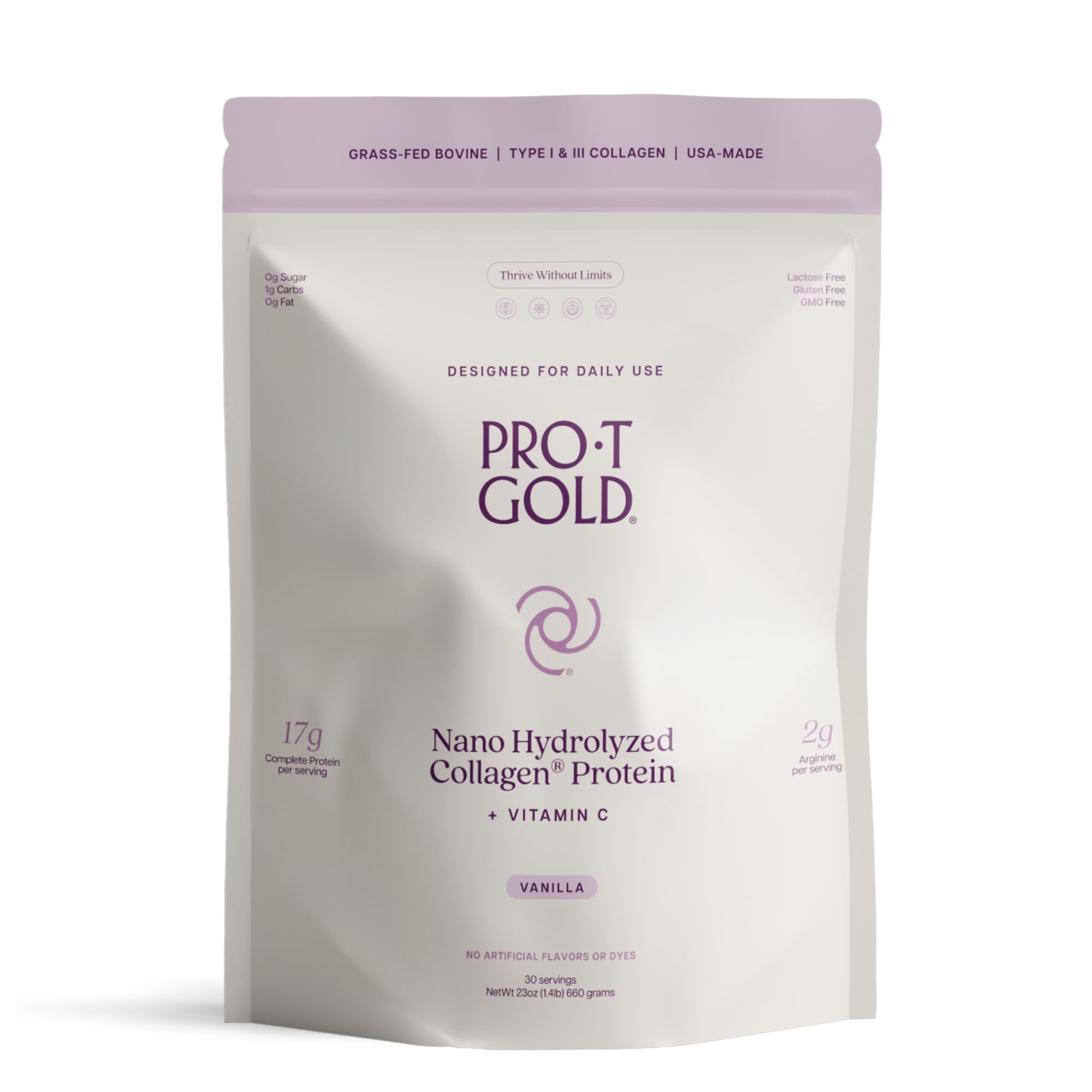 ProT Gold Collagen Protein Powder, 17g Protein Nano-Hydrolyzed Grass Fed Collagen, Vitamin C, 2g Arginine for Wound Support, Gluten Free, All Natural, Fat and Sugar Free, 0g Carbs, Vanilla, 23 oz, 30 ProT Gold buy supplements canada