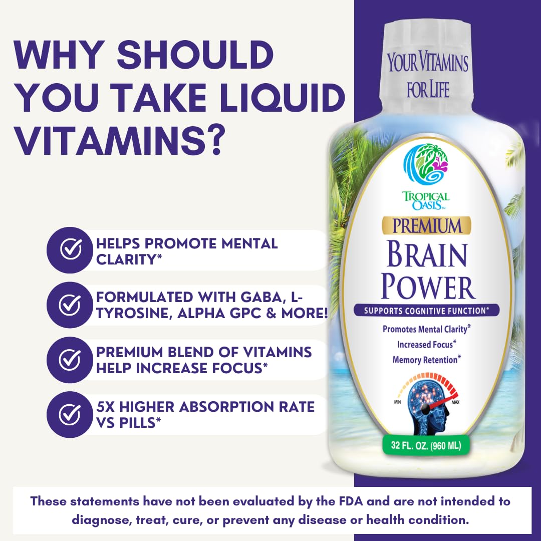 Tropical Oasis - Brain Power | Liquid Nootropic Supplement - Promotes Mental Clarity, Focus, and Memory Retention (Unflavored, 32 Servings) Tropical Oasis buy supplements canada