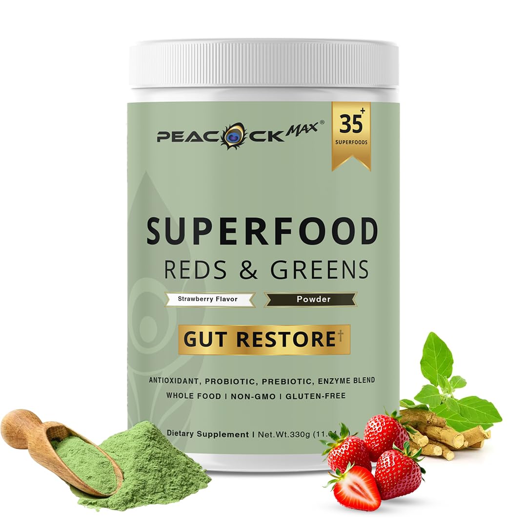 Superfood Reds & Greens Powder - 11.64 oz, Prebiotics & Probiotics for Digestive Health, Super Greens Powder with Ashwagandha for Gut Health, Immunity, Antioxidants, Peacock Max buy supplements canada