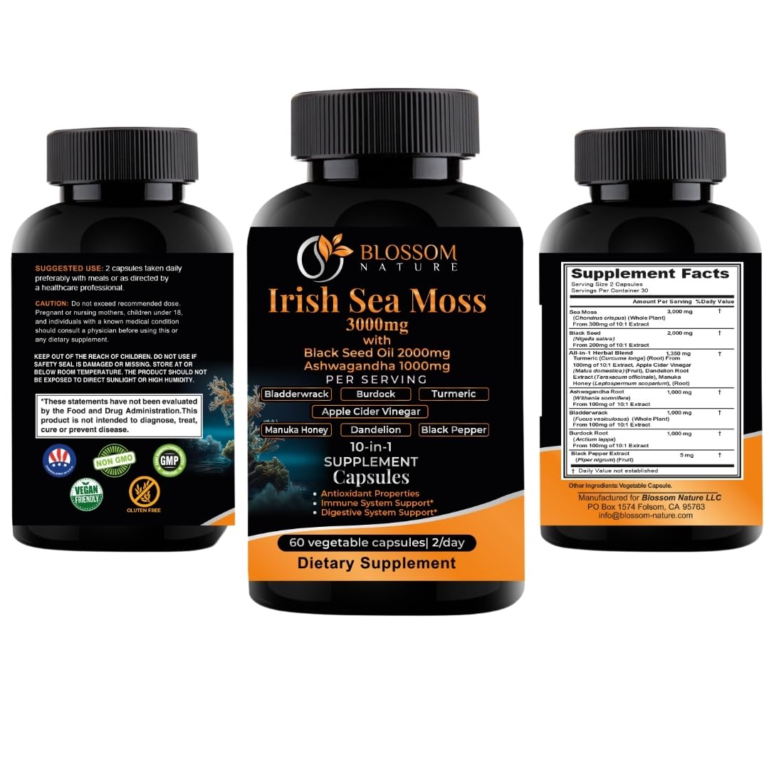 10-in-1 Irish Sea Moss Veggie Caps 3000mg Black Seed Oil Ashwagandha Bladderwrack Burdock Turmeric Apple Cider Vinegar Manuka Honey Dandelion Black Pepper - Made in US(Veggie Caps, Unflavored) Blossom Nature buy supplements canada