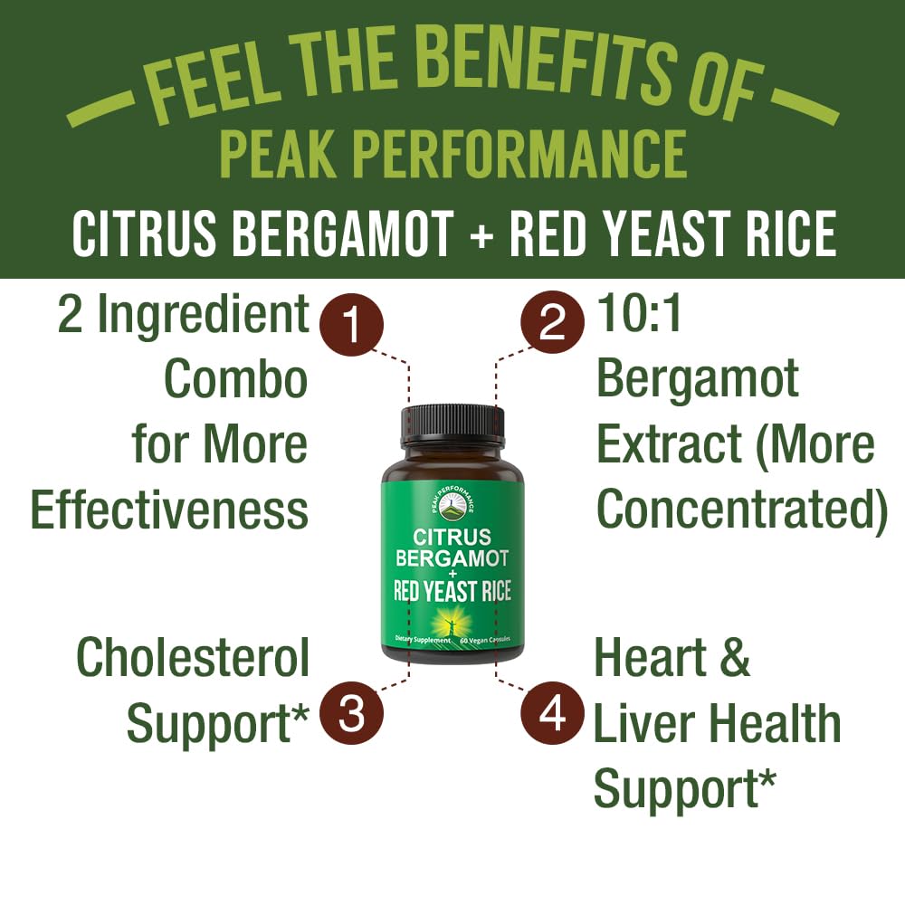 Citrus Bergamot + Red Yeast Rice. 2-in-1 Supplement. High Strength 10:1 Bergamot Extract. No Gluten, Zero Sugar, Vegan Capsules Peak Performance buy supplements canada