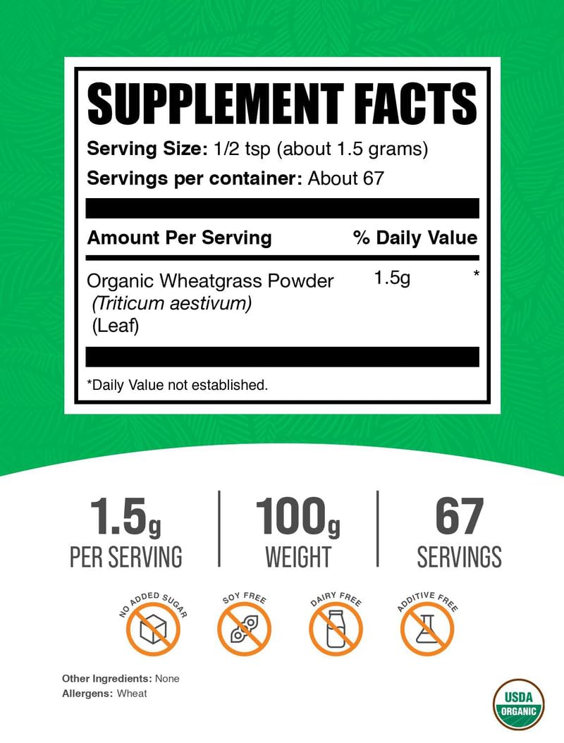BulkSupplements.com Organic Wheatgrass Powder - Organic Super Greens Powder, Superfoods Supplement - Vegan & Gluten Free, 1.5g per Serving, 100g (3.5 oz) (Pack of 1) BulkSupplements buy supplements canada