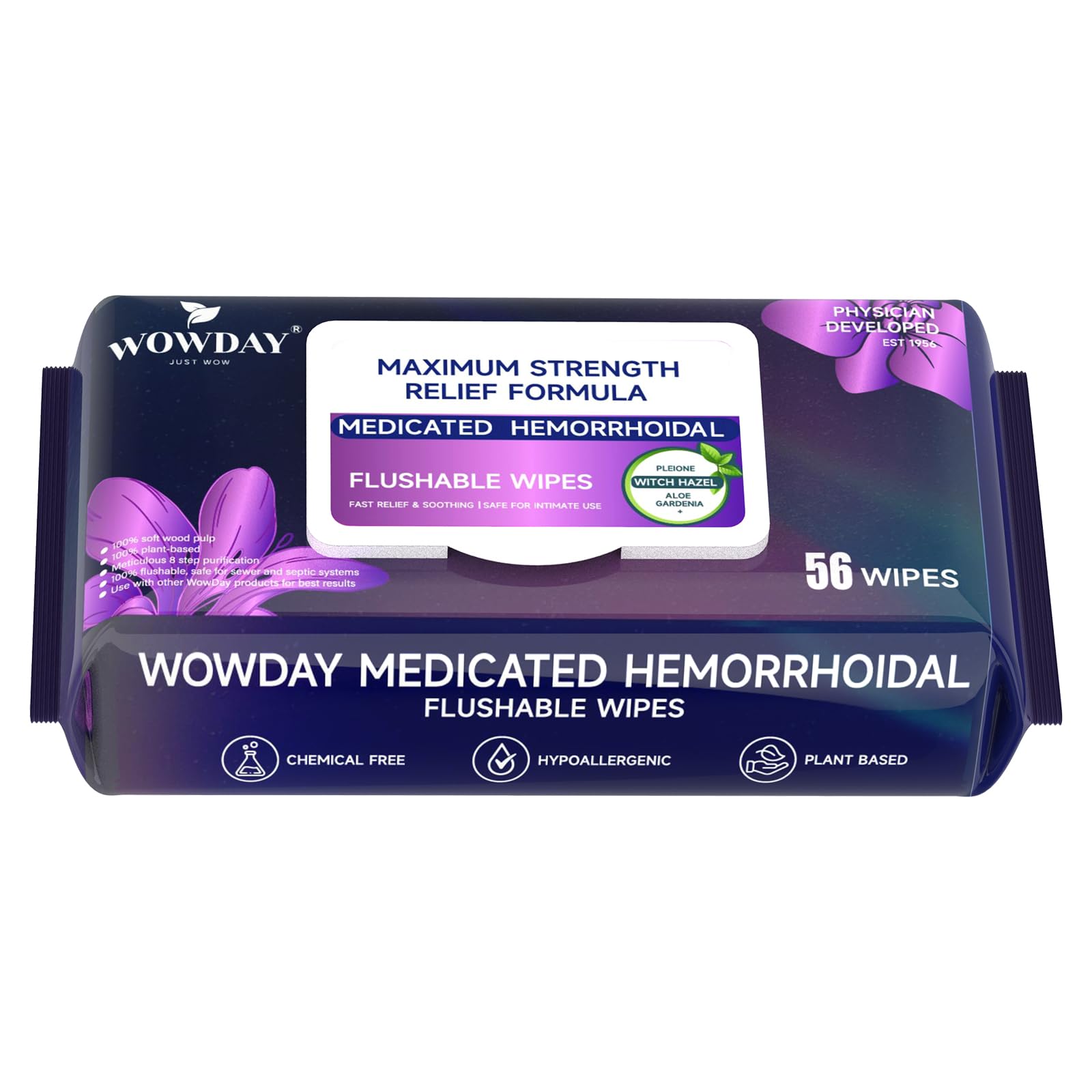 Wowday Flushable Hemorrhoid Wipes | Maximum Strength Witch Hazel Wipes | 56 Count Fragrance Free Adult Hemorrhoids Medicated Witch Hazels Wipe for Butt Hemorrhoidal Itch WowDay buy supplements canada