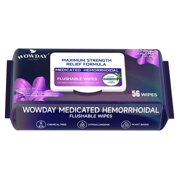 Wowday Flushable Hemorrhoid Wipes | Maximum Strength Witch Hazel Wipes | 56 Count Fragrance Free Adult Hemorrhoids Medicated Witch Hazels Wipe for Butt Hemorrhoidal Itch WowDay buy supplements canada