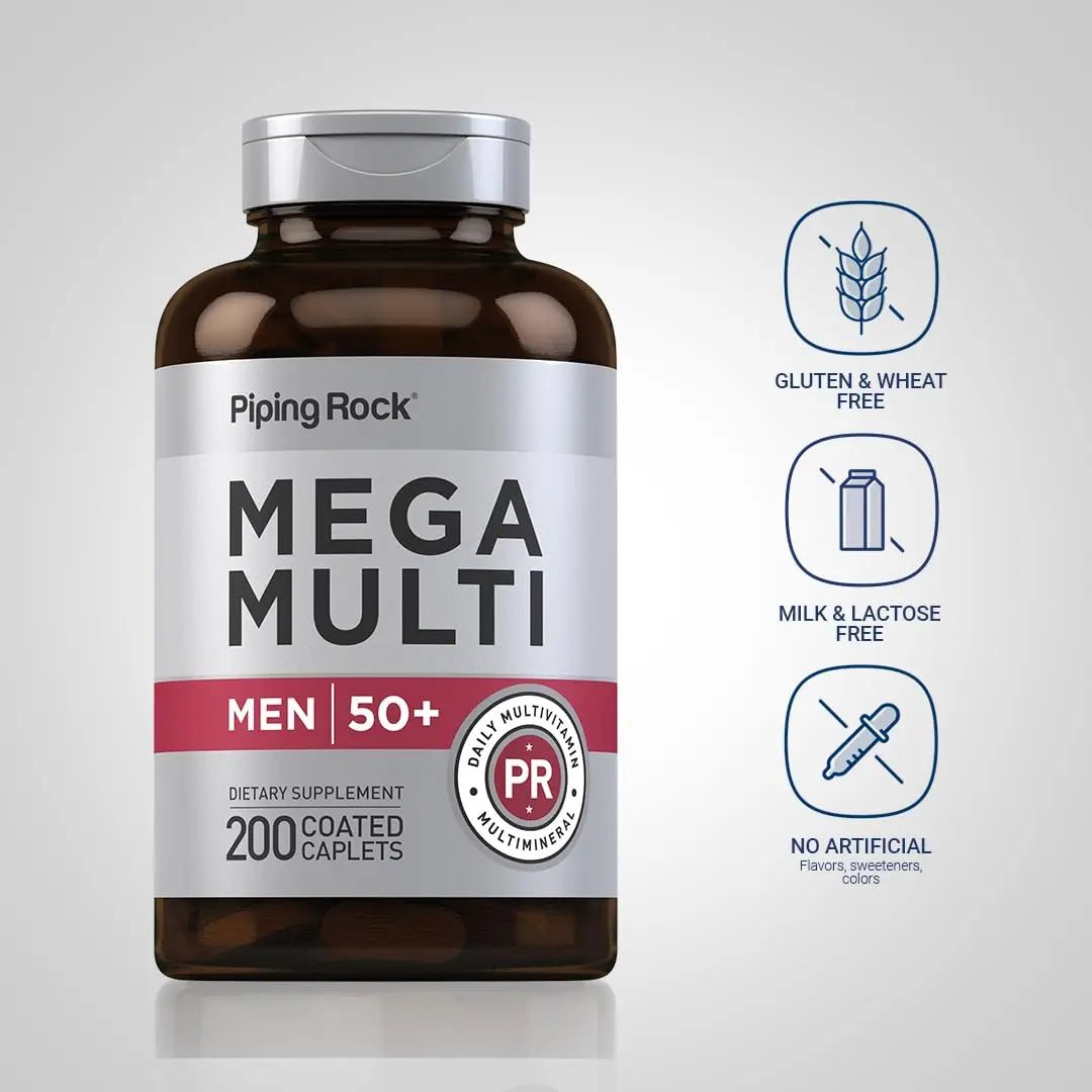 Piping Rock Multivitamin for Men Over 50+ | 200 Caplets | Mega 50 Plus Daily Multimineral | with Magnesium, Calcium, Zinc | Piping Rock buy supplements canada