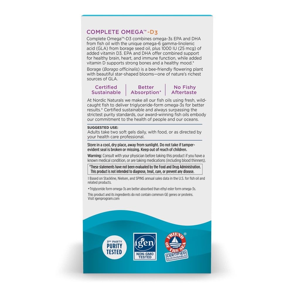 Nordic Naturals Complete Omega-D3, Lemon Flavor - 120 Soft Gels - 565 mg Omega-3 + 70 mg GLA + 1000 IU Vitamin D3 - EPA & DHA - Healthy Skin, Cognition, Positive Mood - Non-GMO - 60 Servings Nordic Naturals buy supplements canada