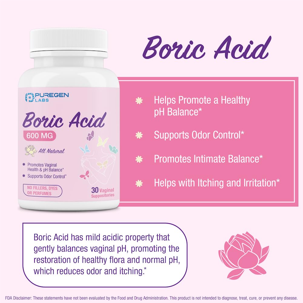 Puregen Labs Boric Acid 600 mg Vaginal Suppositories - 100% Pure | All Natural Without Dyes or Fillers P Puregen Labs buy supplements canada