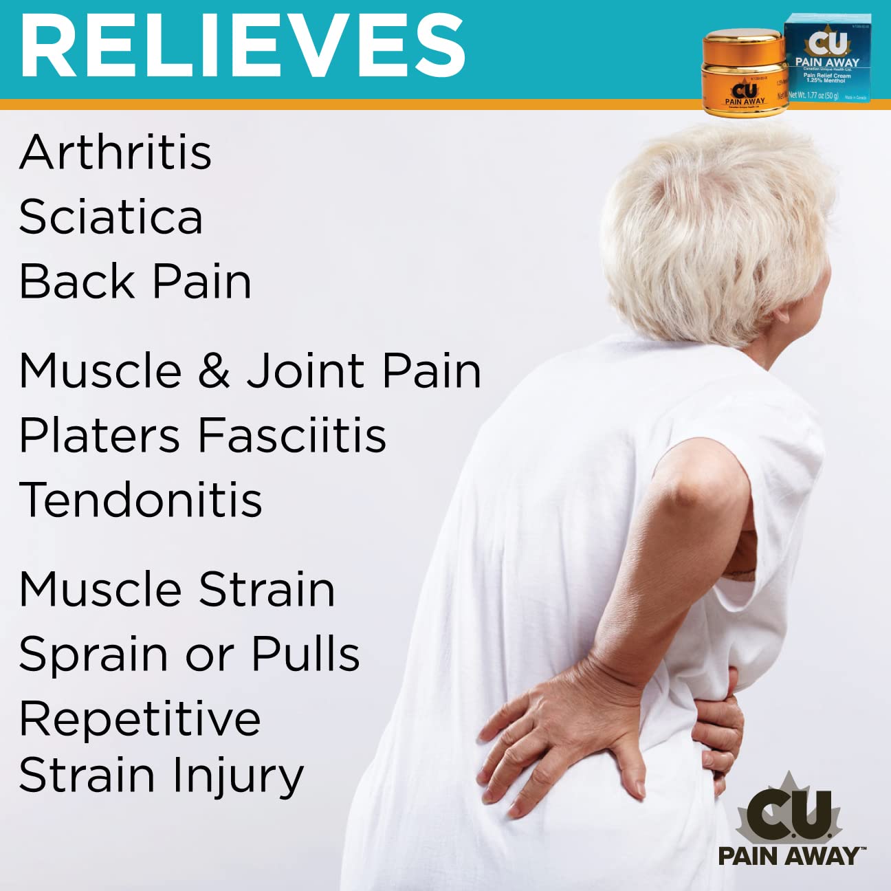 Arthritis Pain Relief Cream - C.U. Pain Away. Reduce Inflammation, Improve Mobility, Rapid Relief. Effective Muscle and Joint Pain Relief. All-Natural Ingredients. C.U. Pain Away buy supplements canada