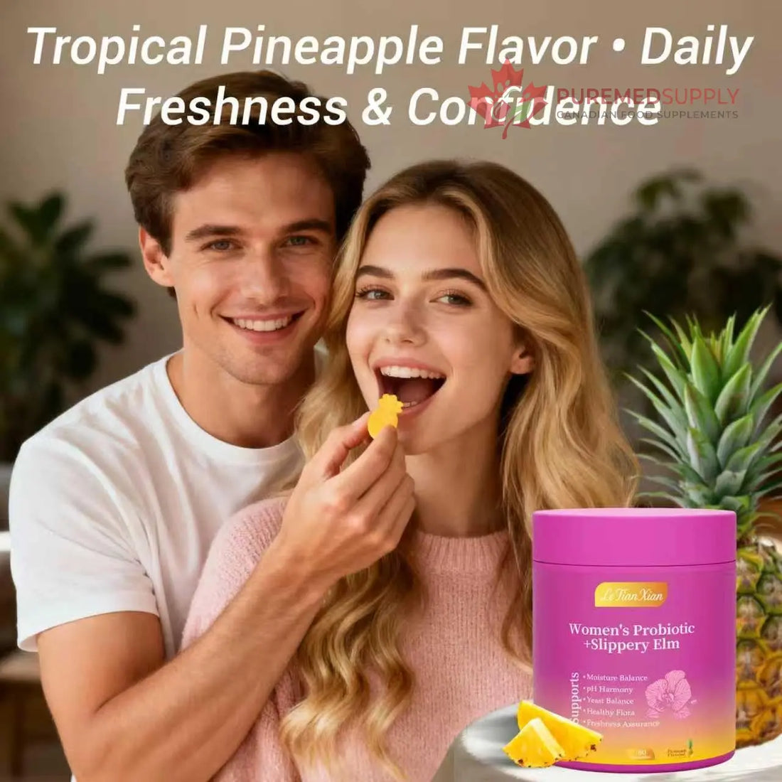 Le Tian Xian Her Juicy Feminine Probiotics Gummies for Women with Slippery Elm, Prebiotics & Lactobacillus - for pH Balance & Digestive Health, Tropical Pineapple Flavor, 60 Count Le Tian Xian buy supplements canada