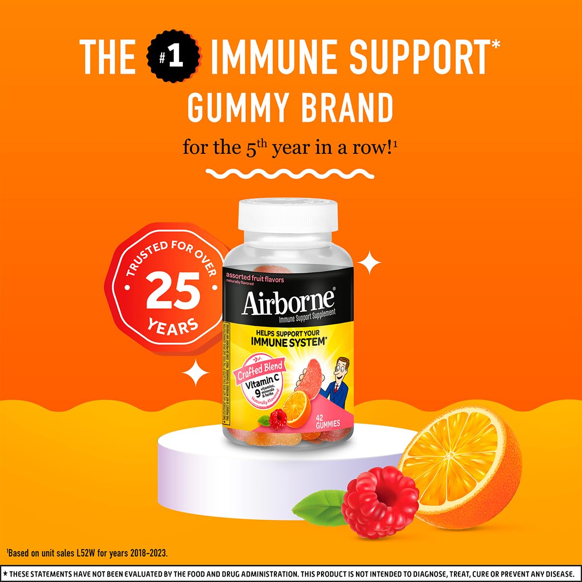 Airborne 750mg Vitamin C Immune Support Supplement Gummies for Adults, Assorted Fruit Flavor, Gluten Free Crafted Blend with Powerful Antioxidants Vitamins A C & E, 42 Gummies (2 Pack) Airborne buy supplements canada