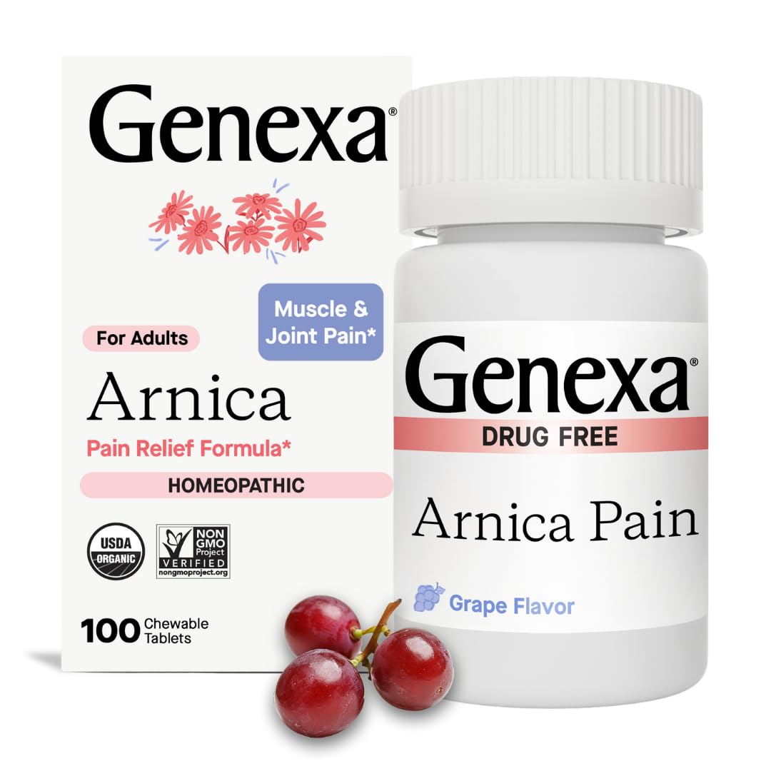 Genexa Arnica for Pain Relief | Alleviate Muscle & Joint Pain, Soreness & Stiffness | Reduces Bruises & Swelling | Organic Grape Flavor | Homeopathic Remedy Made Clean | 100 Chewable Tablets Genexa buy supplements canada
