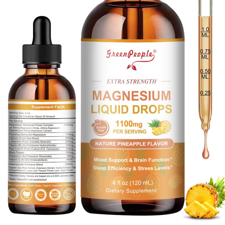 GREENPEOPLE Magnesium Glycinate Liquid Drop - 17-in-1 4Fl. Oz Triple Magnesium Complex Supplement with Glycinate 400mg & Citrate 500mg Taurate/L-Theanine for Calm Mood/Muscle/Sleep,Pineapple Flavor GREENPEOPLE buy supplements canada