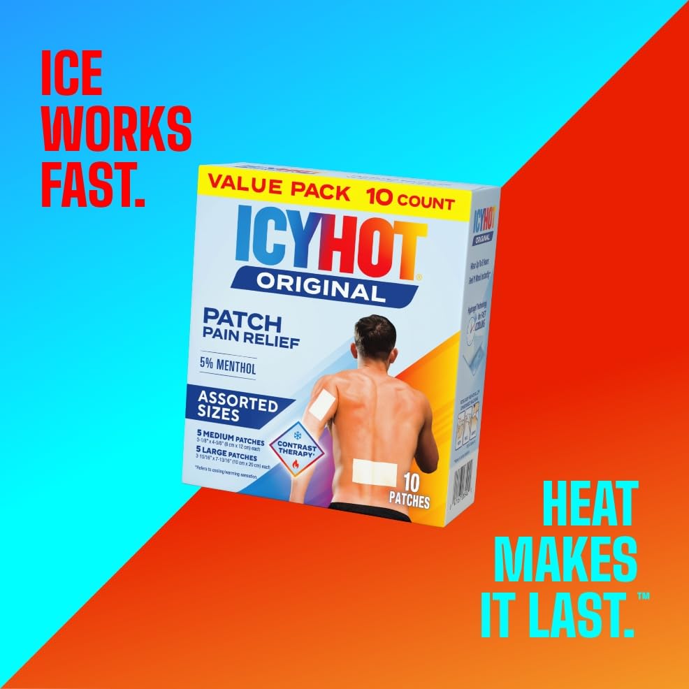 Icy Hot Original Pain Relief Patch Variety Pack with 5% Cooling Menthol for Fast-Acting Muscle and Joint Pain Relief, 5 Medium and 5 Large Comfortable Fabric Patches, 10 Ct., 2 pk Icy Hot buy supplements canada