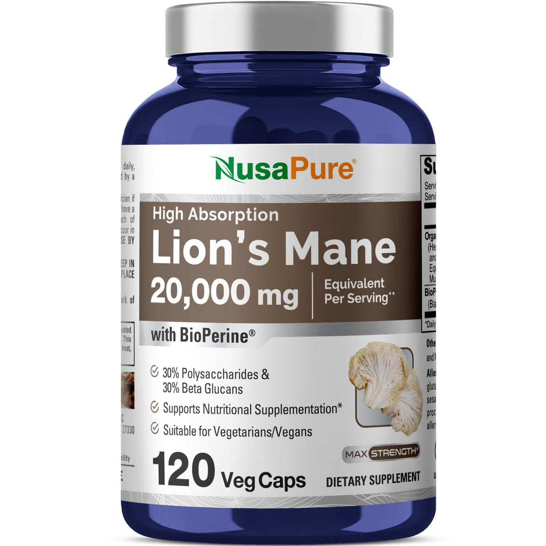 NusaPure Lions Mane 20:1 Extract (20,000 mg Equivalent) - Made with Organic Lion`s Mane, Bioperine - 30% Polysaccharides - 120 Veggie Caps. Non-GMO, Gluten Free NusaPure buy supplements canada
