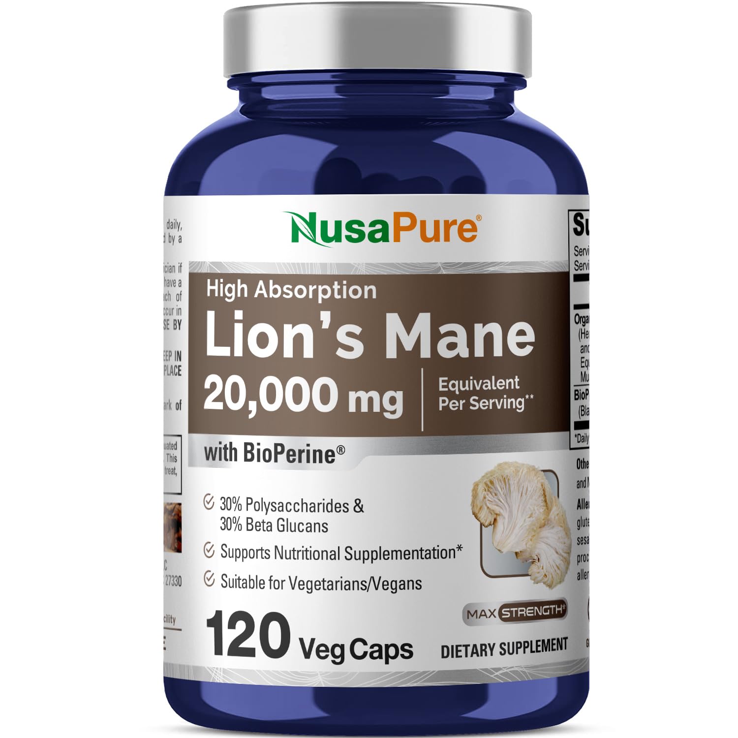 NusaPure Lions Mane 20:1 Extract (20,000 mg Equivalent) - Made with Organic Lion`s Mane, Bioperine - 30% Polysaccharides - 120 Veggie Caps. Non-GMO, Gluten Free NusaPure buy supplements canada