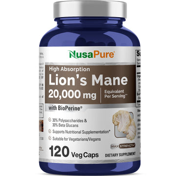 NusaPure Lions Mane 20:1 Extract (20,000 mg Equivalent) - Made with Organic Lion`s Mane, Bioperine - 30% Polysaccharides - 120 Veggie Caps. Non-GMO, Gluten Free NusaPure buy supplements canada