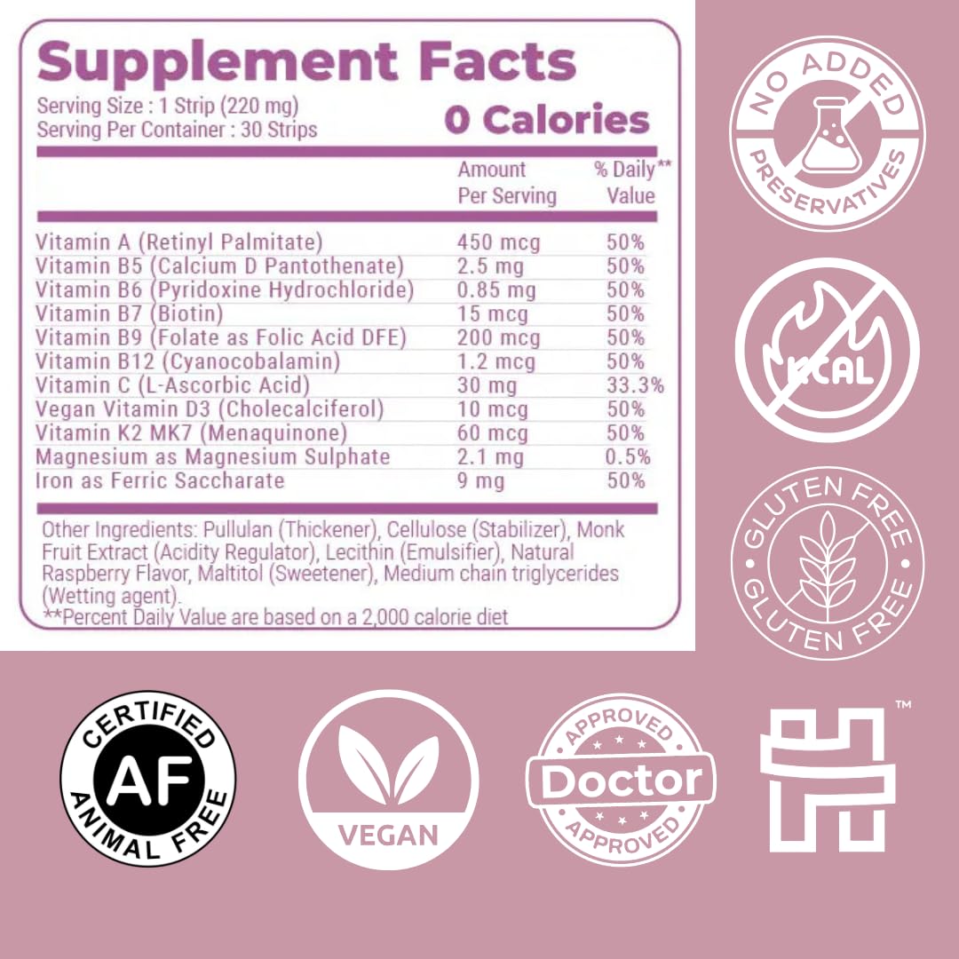 NutriHugs Daily Multivitamin Dissolving Strips - Vitamins A, B-Complex, C, D3 and K2 - 11 Essential Vitamins & Minerals - Vegan, Sugar-Free, Fast-Absorbing Oral Thin Film - Doctor-Founded - 30 Count MedHugs buy supplements canada