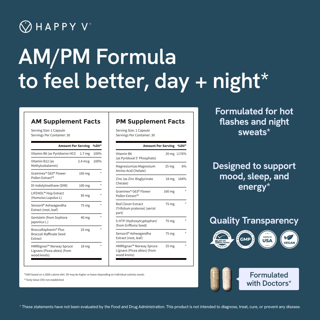 Happy V Menopause Relief Supplement for Women – Hormone Balance, Hot Flash & Night Sweat Support, Mood & Energy Booster, Vaginal Wellness, Perimenopause & Postmenopause Support – 60 Vegan Capsules Happy V buy supplements canada