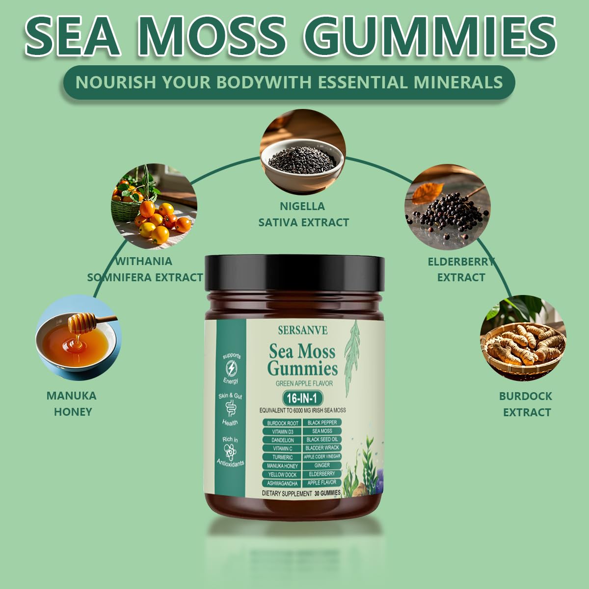 Sea Moss Gummies 16-in-1, with Black Seed Oil, Ashwagandha & Elderberry | Organic Irish Sea Moss Supplement for Men & Women | Daily Support with Manuka, Burdock Root & Vitamins C & D3, 30 Gummies SERSANVE buy supplements canada