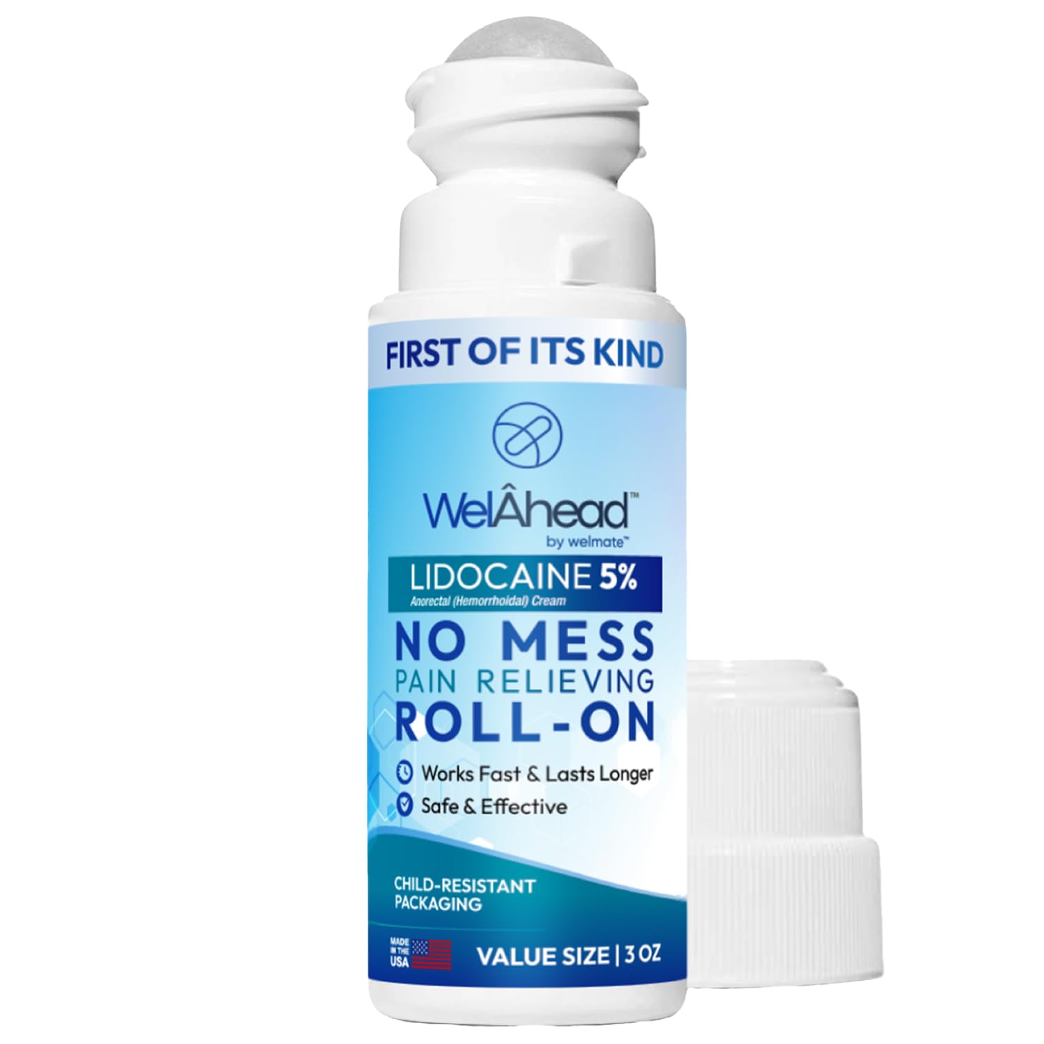 WELMATE - 5% Lidocaine Roll-On (3 oz Value Size) - No Mess Targeted Relief - Topical Anesthetic - Hemorrhoid Relief - Aloe Vera - Fast Acting & Long Lasting - Over-The-Counter Medication - First Aid WELMATE buy supplements canada