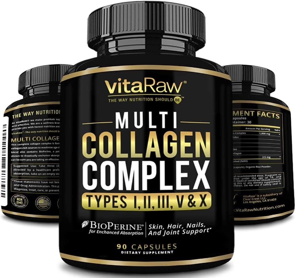 VitaRaw Collagen Pills 1800 mg - Multi Collagen Supplements (Types I, II, III, V & X) Grass Fed Non GMO Collagen Peptides Pills for Hair, Skin and Joints - Hydrolyzed Collagen Protein Powder VitaRaw buy supplements canada