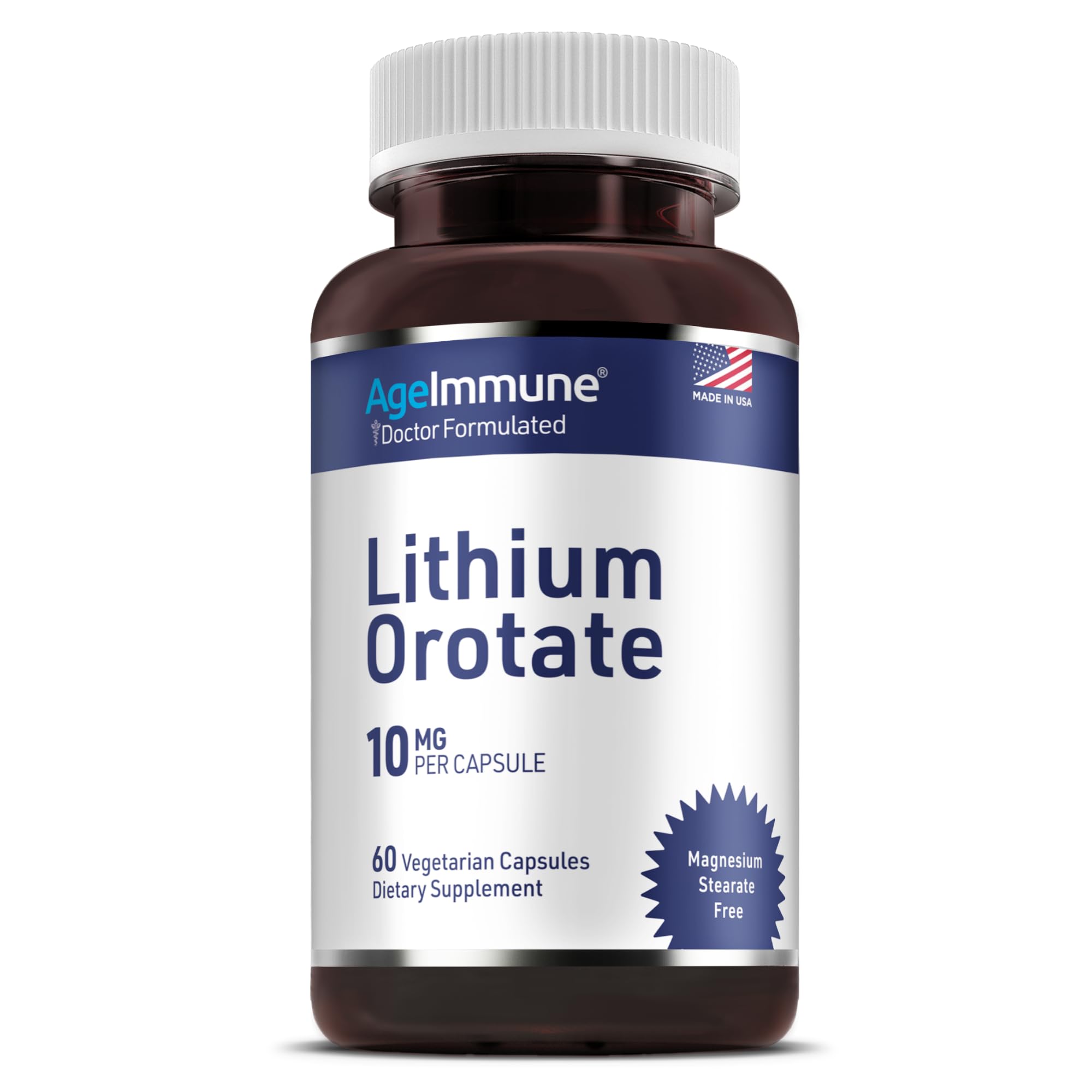 Lithium Orotate 10mg per Capsule - 60 Vegetarian Capsules. Memory and Emotional Wellness Support - Magnesium Stearate Free AgeImmune buy supplements canada