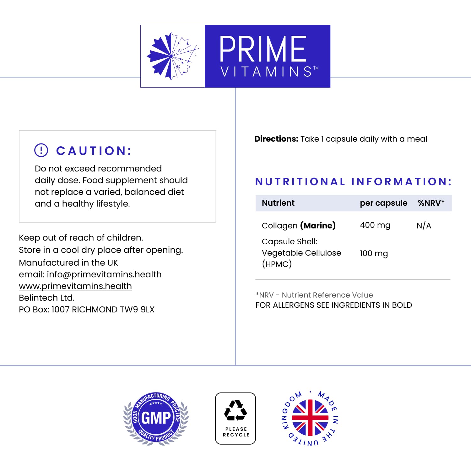 Marine Collagen 400mg | Hydrolysed Collagen Supplements for Women & Men PRIME VITAMINS buy supplements canada