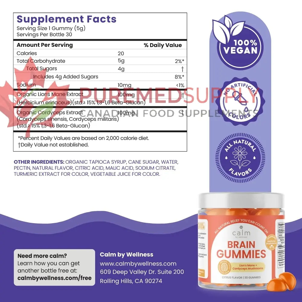 Calm by Wellness Lion’s Mane Gummies for Adults – Vegan Mushroom Gummies with Lion’s Mane & Cordyceps for Brain Support, Memory & Focus, Immune Boost – Citrus Flavor, 30 Count Calm by Wellness buy supplements canada
