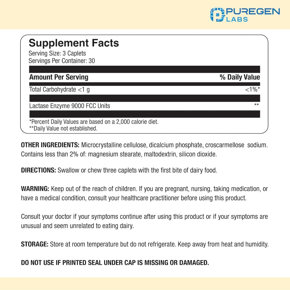 Puregen Labs Dairy Relief Natural Fast Acting Lactase Enzyme 3000 FCC, Lactose Intoleran P Puregen Labs buy supplements canada