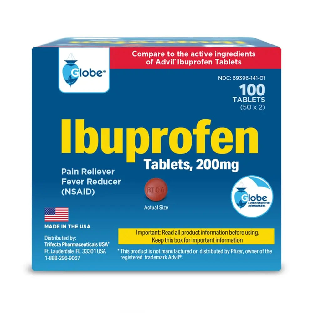 Globe Ibuprofen Tablets, 200 mg, Pain Reliever and Fever Reducer, for Headache, Muscular Aches, Arthritis, Backache and More 50 Packets of 2 Tablets Each,100 Tablets Trifecta Pharmaceuticals USA buy supplements canada