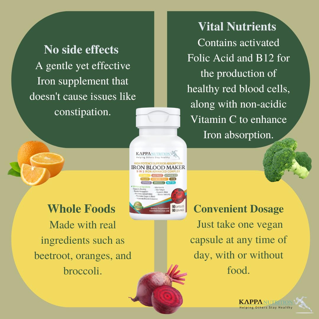 KAPPA NUTRITION Iron 26mg, Vitamin C & Orange 150mg, Folate 667mcg DFE, Vitamin B12, Beetroot, Brewers Yeast, Broccoli & MCT Oil 9 in 1 Advanced Complex (90 Capsules) KAPPA NUTRITION buy supplements canada