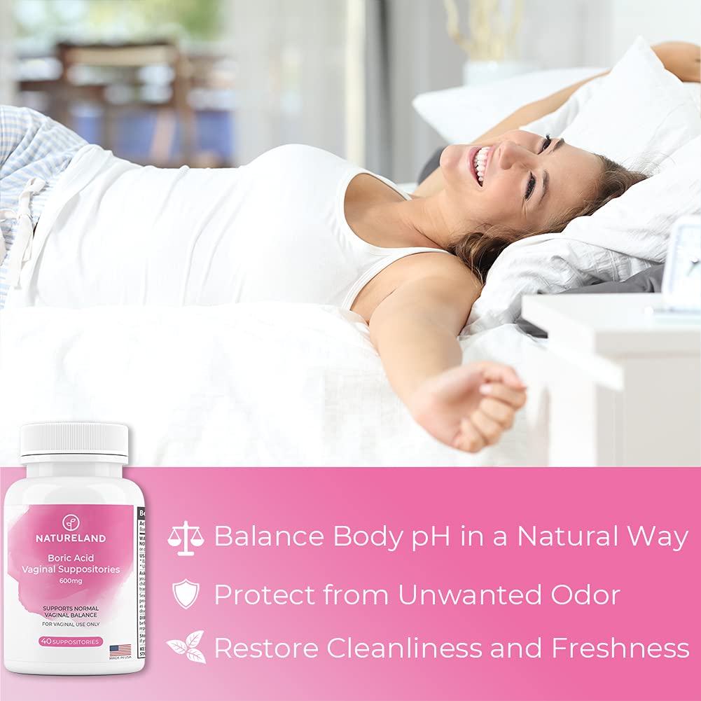 Natureland Boric Acid Suppositories for Women - 600mg, 40 Count - Made in USA - Feminine Care for pH Balance & Odor Control - Unscented Intimate Health Support Natureland buy supplements canada
