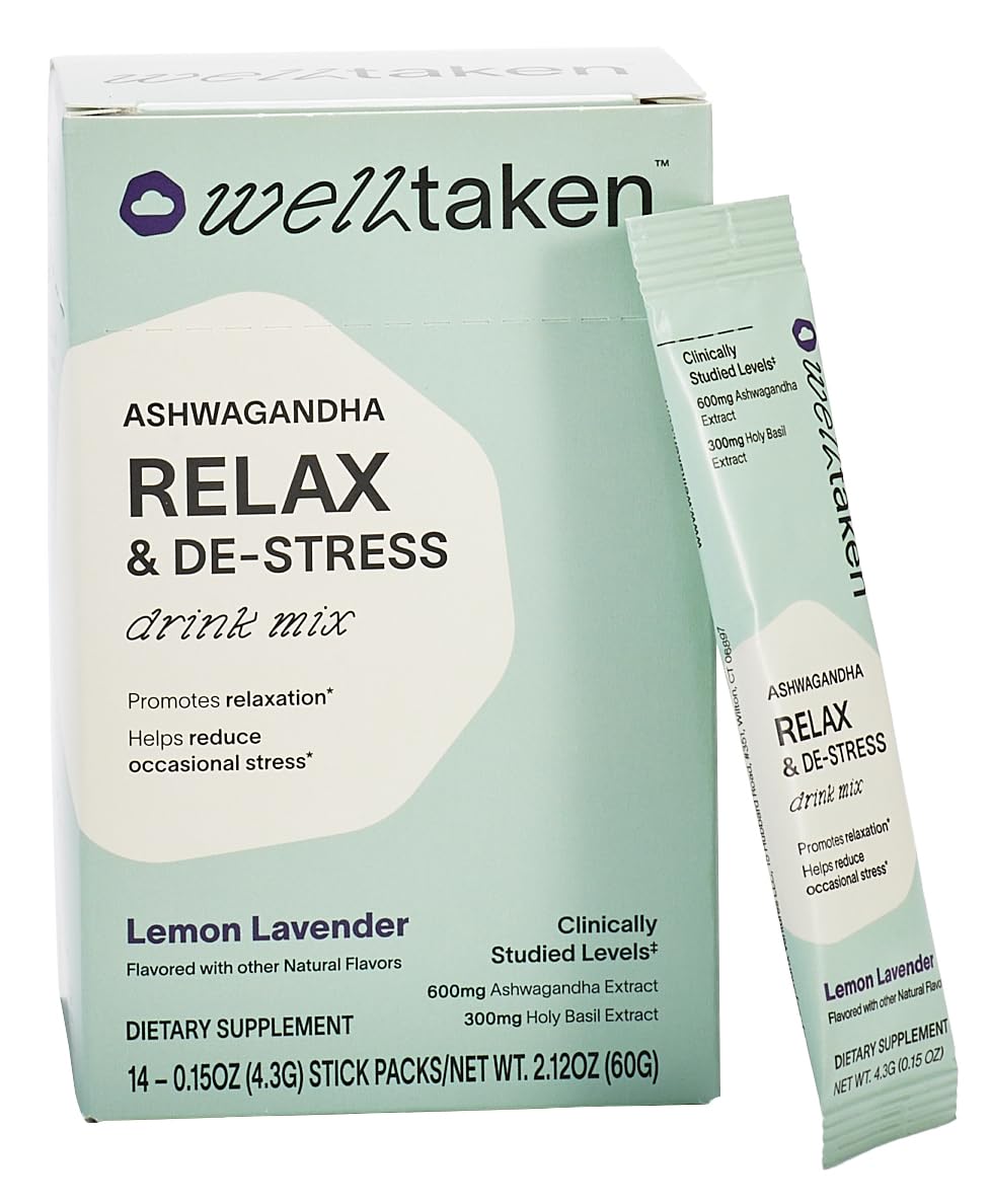 WellTaken Ashwagandha Relax & De-Stress Powder - Lemon Lavender 14ct Box - 600mg Ashwagandha, 200mg L-Theanine, Holy Basil – Supports Stress, Relaxation – Vegan, No Added Sugar - 14 Servings WellTaken buy supplements canada