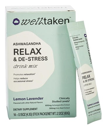 WellTaken Ashwagandha Relax & De-Stress Powder - Lemon Lavender 14ct Box - 600mg Ashwagandha, 200mg L-Theanine, Holy Basil – Supports Stress, Relaxation – Vegan, No Added Sugar - 14 Servings WellTaken buy supplements canada