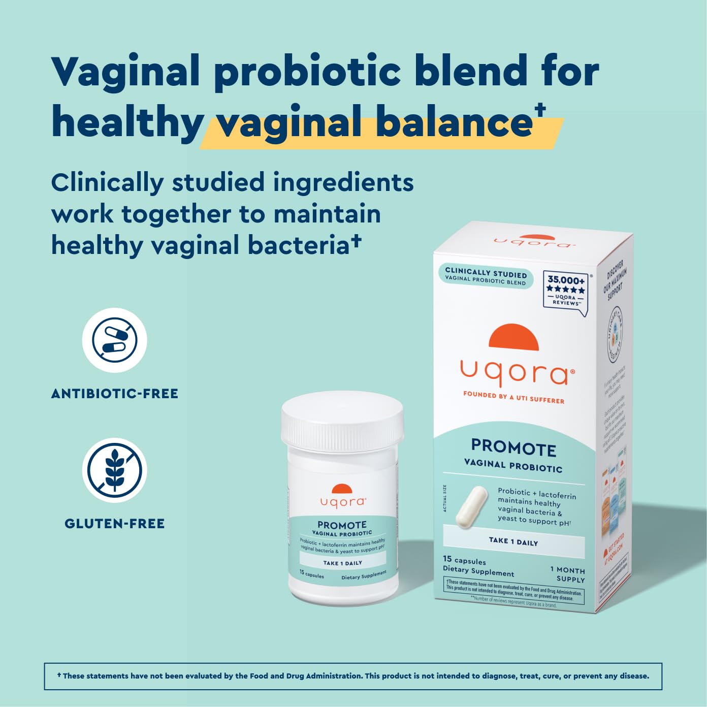 Uqora Promote - Support Vaginal Health* - Probiotic for Women with Lactoferrin, Lactobacillus Acidophilus & Lacticaseibacillus Rhamnosus - Vaginal Probiotics - Gluten-Free - 15 Capsules Uqora buy supplements canada