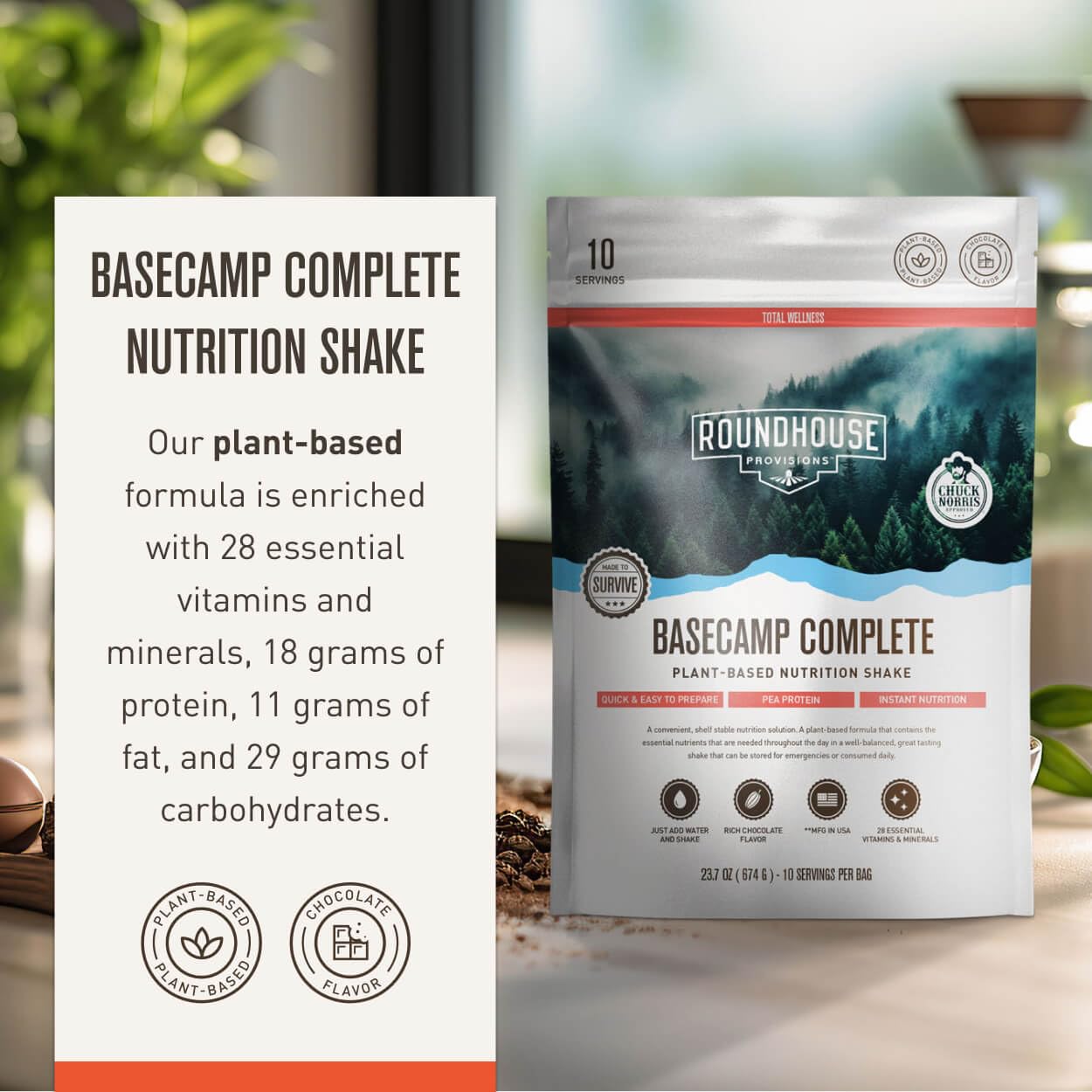 Basecamp Complete Nutrition Shake by Chuck Norris Roundhouse Provisions – Plant-Based Emergency Meal with 18g Protein & 28 Essential Nutrients – Rich Chocolate Flavor – 10 Servings, 3-Year Shelf Life ROUNDHOUSE PROVISION buy supplements canada
