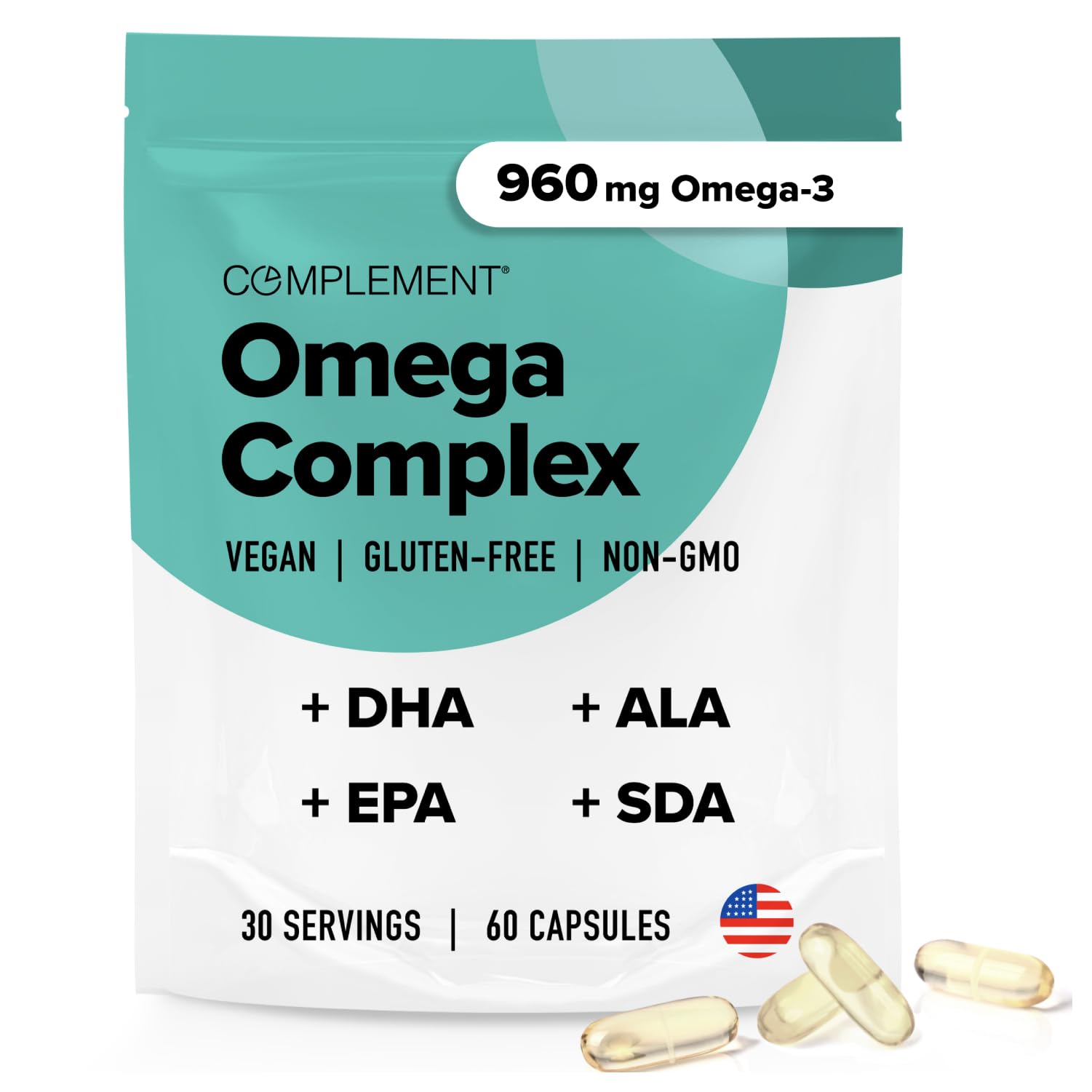 Vegan Omega 3 Supplement- 960mg Omega-3 Fatty Acids, DHA, EPA, SDA, ALA Supplement - Immune Support- 30 Servings, 60 Liquid Capsules Complement buy supplements canada