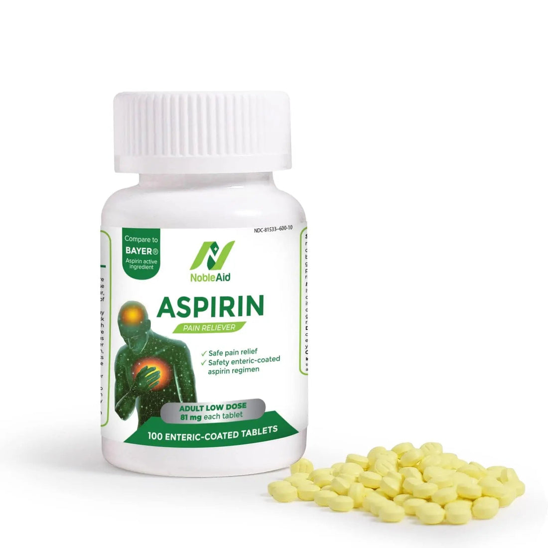 Pure Low Dose Baby Aspirin 81mg for Adults, 100 Count Enteric Coated Aspirin Tablets for Men and Women, Safe Relief for Symtoms Associated with Headache, Arthritis, Cramps NobleAid buy supplements canada