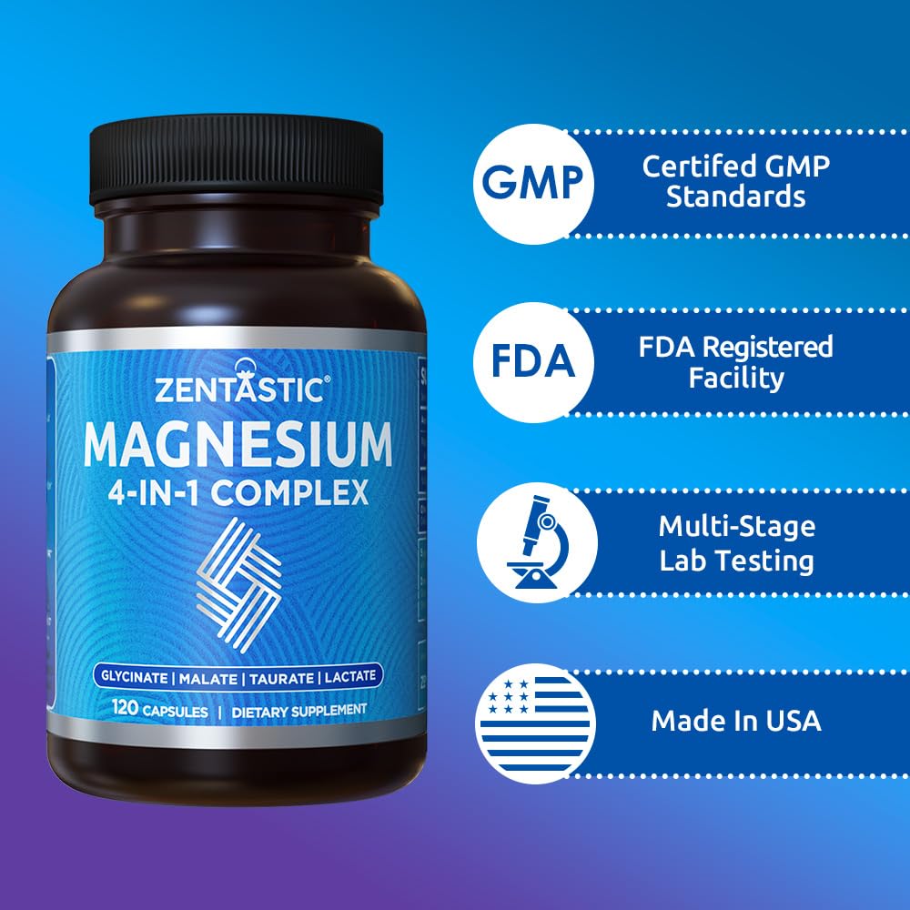 Zentastic Magnesium Complex 4-in-1 Supplement – Magnesium Glycinate, Malate, Taurate & Lactate – Chelated High Absorption for Nerves, Zentastic buy supplements canada
