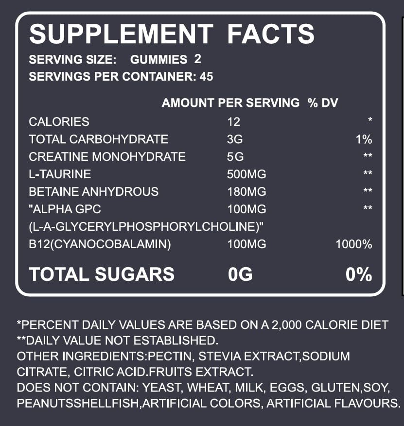 FlexPrime Creatine Gummies Sugar Free - 6g Creatine Monohydrate + L-Taurine, Alpha GPC, Betaine | Vegan Halal Blueberry Chews for Lean Muscle, Strength, Brain Health | Men Women 90 Count FlexPrime buy supplements canada