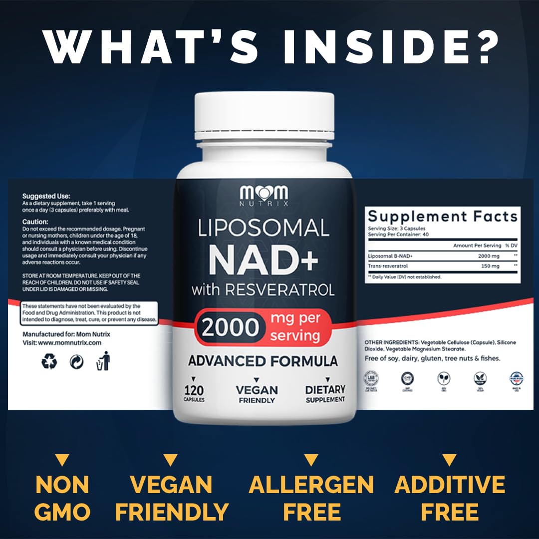 MOM NUTRIX Liposomal NAD Supplement with Resveratrol - High Purity NAD Plus 2000 mg, 120 Capsules, Made in The USA - NMN Alternative MOM NUTRIX buy supplements canada