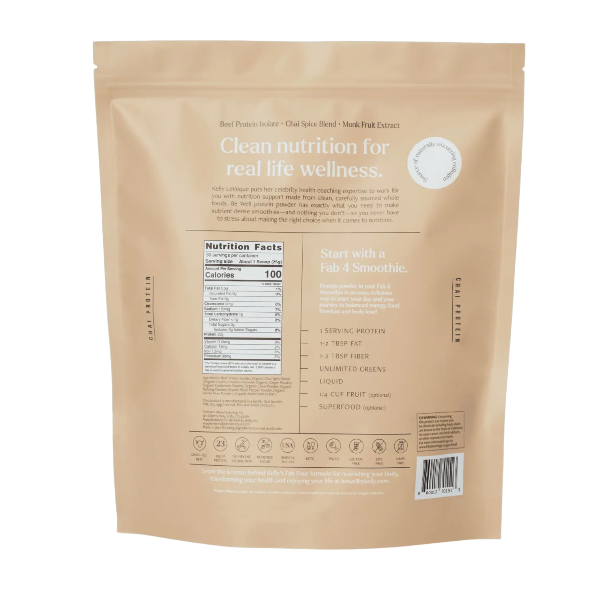Be Well by Kelly Chai Grass-Fed Beef Protein Powder, 23G of Protein & 1G of Carbs (3 Ingredients, 30 Servings) 9 Amino Acids + 3 BCAAs No Soy, No Dairy, Stevia-Free, No Sugar Added 1.65lb 750g Be Well by Kelly LeVeque buy supplements canada
