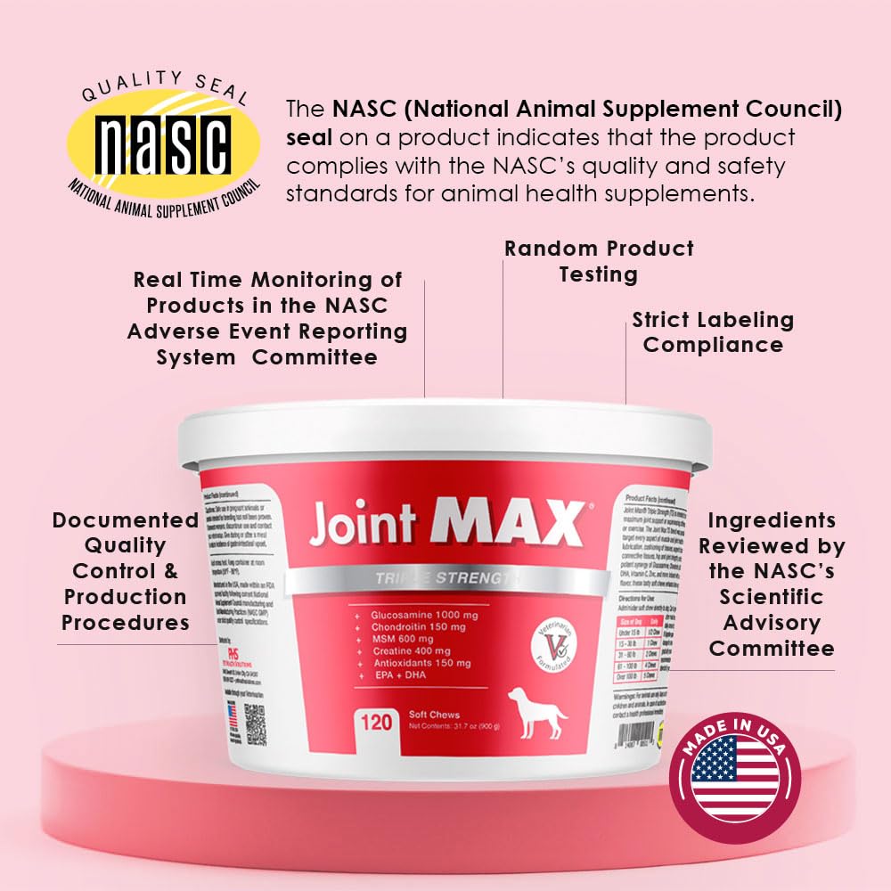 Joint Max TS Joint Supplement Vet Formulated Pain & Inflammation Relief Treats Hip Dysplasia & Arthritis, Glucosamine, Chondroitin, Turmeric, MSM, HA, Creatine, Omega 3 EPA + DHA.120 Soft Chews Joint Max buy supplements canada